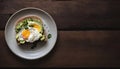 Healthy Avocado Toast with Poached Egg on Wooden Table, Copy Space