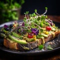 Healthy avocado toasts for breakfast or lunch with rye bread close up