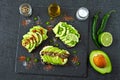 Healthy avocado toasts with spices, lime and chili, presented on a gray stone board. Royalty Free Stock Photo