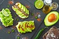 Healthy avocado toasts with spices, lime and chili, presented on a gray stone board. Royalty Free Stock Photo