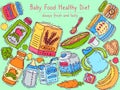 Healthy baby diet banner vector illustration. First meal for babies. Baby puree jars, sippy cups, drink bottles and