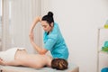 healthy back woman massages client in massage room spa training Royalty Free Stock Photo