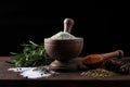 Herb powder dry organic wooden seasoning food spice spoon background ingredient