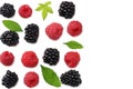 healthy background. raspberry with blackberry and green leaves isolated on white background. top view