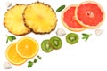 Healthy background. slices of grapefruit, kiwi fruit, orange and pineapple isolated on white background top view Royalty Free Stock Photo