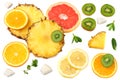 healthy background. slices of grapefruit, kiwi fruit, orange and pineapple isolated on white background top view Royalty Free Stock Photo