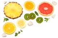 healthy background. slices of grapefruit, kiwi fruit, orange and pineapple isolated on white background top view Royalty Free Stock Photo