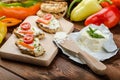 Healthy baguette, spread curd cheese with vegetable and herbs