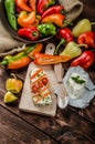 Healthy baguette, spread curd cheese with vegetable and herbs