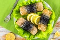 Healthy baked fillet of mackerel on lettuce leaves Royalty Free Stock Photo