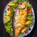 Healthy baked sea bass, fresh green salad, ketogenic diet Royalty Free Stock Photo