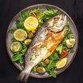 Healthy baked sea bass, fresh green salad, ketogenic diet Royalty Free Stock Photo