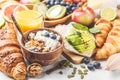 Healthy balanced breakfast on a white background. Muesli, juice, croissants, cheese, biscuits and fruit breakfast backgound Royalty Free Stock Photo