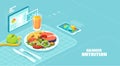 Isometric vector of a nutrition app showing nutrition facts and assisting in calories count of a meal Royalty Free Stock Photo