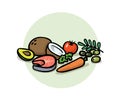 Healthy balanced food. Superfoods, detox, diet, healthy food. Coconut, carrot, olives, avocado and fish. Cartoon design