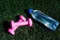 Healthy balanced lifestyle. maintain water balance in body while training. barbells and bottle on green grass. sport