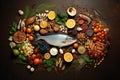 Healthy Balanced Meal Preparation with Fresh Fish, Vegetables, Fruits, and Nuts Royalty Free Stock Photo