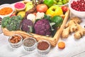 Healthy balanced vegan dieting concept. Vegetables fruit seeds beans ingredients for cooking. Royalty Free Stock Photo