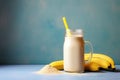 Healthy banana protein shake in mason jar. AI Generated