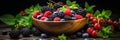 Healthy banner with ripe berries in bowl - blueberries, blackberries, raspberries Royalty Free Stock Photo