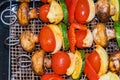 Healthy barbecue alternate with vegan skewers with mushrooms and vegetables