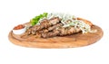 Healthy barbecued lean cubed pork kebabs served with a corn tortilla and fresh lettuce and tomato salad