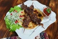 Healthy barbecued lean cubed pork kebabs served with a corn tortilla and fresh lettuce and tomato salad, close up view Royalty Free Stock Photo