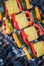 healthy barbecued vegetables skewers on grill with flames