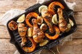 Healthy BBQ food grilled chicken legs with seasonal vegetables close-up in a grill pan. horizontal top view Royalty Free Stock Photo