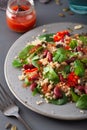 Healthy bean and quinoa salad with spinach, chili