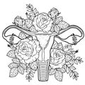 Healthy Beauty Female Reproductive System Made of Blossom Flowers. Vector coloring for adult