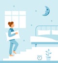 Healthy bedtime banner flat concept. A young girl walks up the stairs to her bed. Cute illustration on a blue background