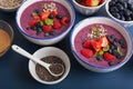 Healthy berry smoothie bowl with strawberry blueberry raspberry