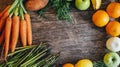 Healthy bio food ingredients frame background from above. Top view of organic superfood border on rustic  wooden table. Colorful Royalty Free Stock Photo