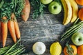 Healthy bio food ingredients frame background from above. Top view of organic superfood border on rustic wooden table. Colorful Royalty Free Stock Photo