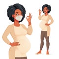 Healthy black pregnant woman in mask showing OK. Vector character. Royalty Free Stock Photo