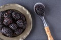 Healthy blackberries in plate and spoon on dark table Royalty Free Stock Photo
