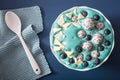 healthy blue spirulina smoothie bowl with blueberry, white chocolate, dragon fruit, chia seed