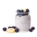 Healthy blueberry and banana chia pudding isolated on white