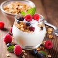 Healthy blueberry and raspberry parfait in a glass jar on a rustic wood background