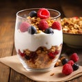 Healthy blueberry and raspberry parfait in a glass jar on a rustic wood background