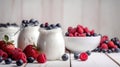 Healthy blueberry and raspberry parfait in a mason jar on a rustic white wood background, generative ai