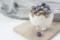 Healthy blueberry and walnut parfait in a glass