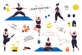 Healthy body. Woman body positive lifestyle with characters performing sport dancing, fitness exercises and yoga. Vector