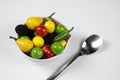 Healthy bowl with fruits and vegetables on table home spoon closeup happy enegry life breakfast