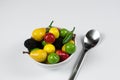 Healthy bowl with fruits and vegetables on table home spoon closeup happy enegry life breakfast