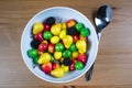 Healthy bowl with fruits and vegetables on table home spoon closeup happy enegry life breakfast