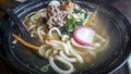 Healthy bowl of udon noodles in hot soup, with thinly sliced beef pieces Royalty Free Stock Photo