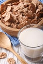 Healthy bran flakes in a wooden bowl and milk close-up. Vertical