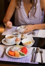 Healthy breackfast for two with fruits egg and coffee Royalty Free Stock Photo